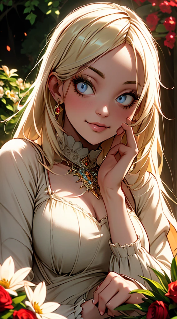 A beautiful girl with long blond hair, garnet eyes, and a delicate face, Alice Garnet Nakata, wearing an elegant Victorian-style dress, standing in a lush garden with blooming flowers, (best quality,4k,8k,highres,masterpiece:1.2),ultra-detailed,(realistic,photorealistic,photo-realistic:1.37),extremely detailed face and eyes,highly detailed skin,beautiful detailed eyes,beautiful detailed lips,intricate detailed dress,ornate Victorian garden,vibrant colors,soft lighting,cinematic composition,elegant,ethereal