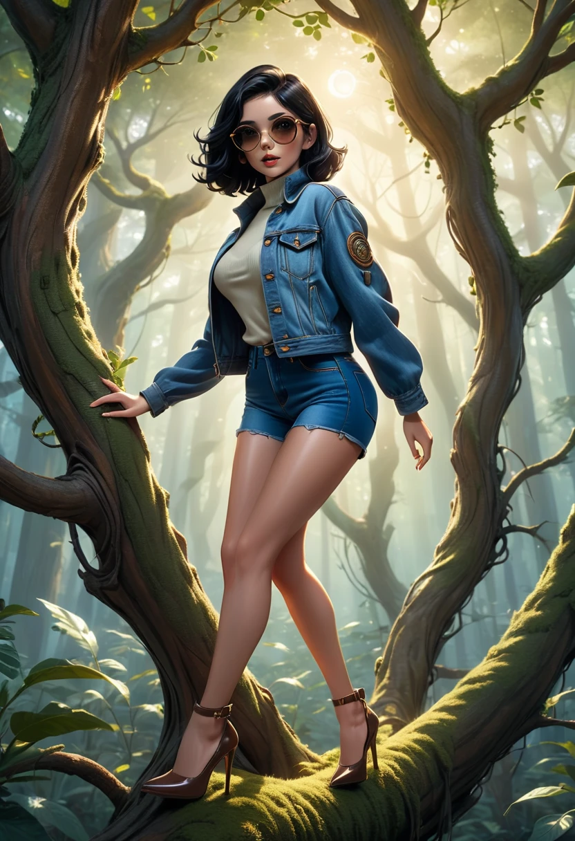 (((Full body photo))) of (((pretty girl))) with (((black hair))) and (((brown eyes))) with turtleneck and short denim jacket and short jeans and high heels and sunglasses, positioned confidently (((on a giant tree branch))) that exudes an otherworldly glow, surrounded by a (((surreal fantasy setting))) that defies the ordinary, with swirls of (iridescent light ) dancing around you, all captured in a (((4K resolution))). The scene seems mysterious and fantastic, as if it could take place in a (realistic fictional setting), with a (mystical, dreamlike quality) that brings out a (cinematic aesthetic) reminiscent of (Steven Spielberg's style)