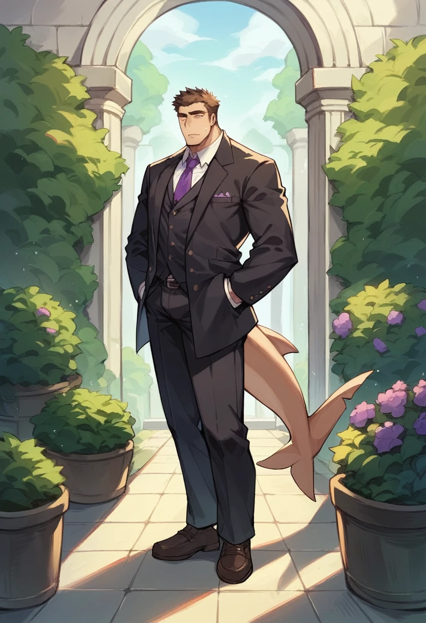 shark，personification，Mature male，Bad Uncle，，Cold expression，Purple pupils，Brown eyebrows，Black suit suit，Hands in pockets，The Age of Steam，garden。