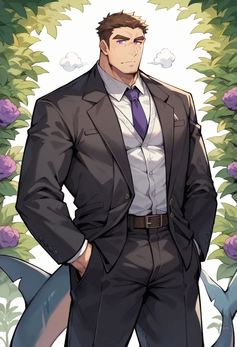 shark,personification,Mature male,Bad Uncle,,Cold expression,Purple pupils,Brown eyebrows,Black suit suit,Hands in pockets,The Age of Steam,garden。