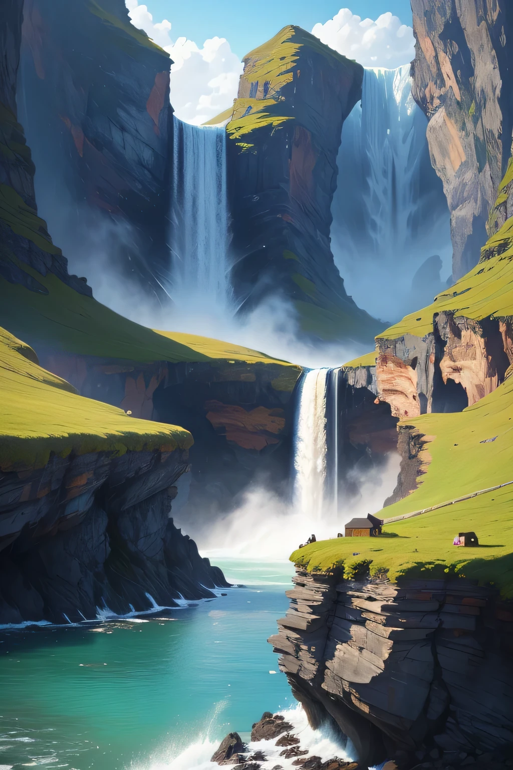 8K, ultra detaild, work of art, best qualityer, a landscape of a huge waterfall that falls directly into the sea ,similar to the Faroe Islands