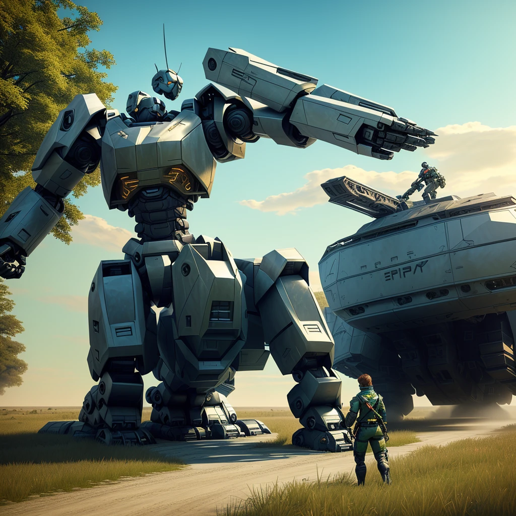 a group of people standing around a giant robot in a field, wojtek fus, fps game concept art, epic fantasy sci fi illustration, sergey kolesov concept art, jessica rossier fantasy art, concept art 4 k, concept art 4k, epic digital concept art, concept art wallpaper 4k, futuristic tank is on fire, concept art for a video game