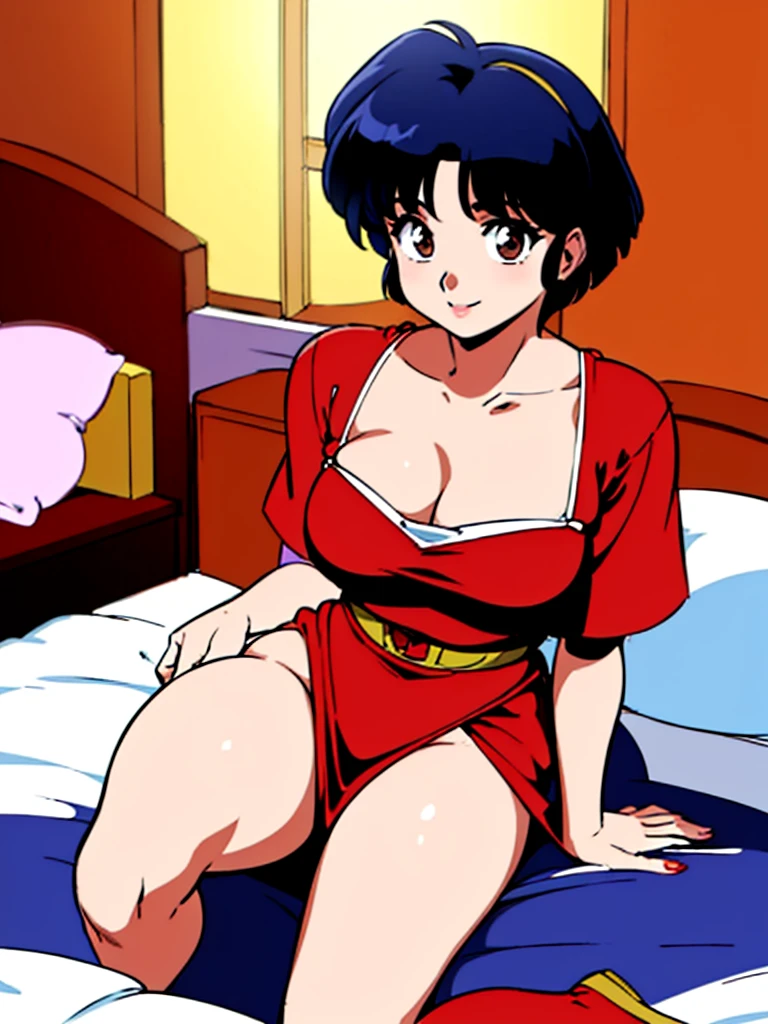 ((masterpiece)), best quality, ultra detailed, looking at viewer, intricate details, rich colors, sharp focus, volumetric lighting, dramatic atmosphere, akane tendo, brown eyes, akane, looking at viewer, 8k, 4k,light particles, highly detailed, detailed eyes, bedroom background, solo, daylight, , thick LEGS, pelvic curtain dress, heels, sit on bed, red heels, smile, cleavage, seductive pose, white panties,