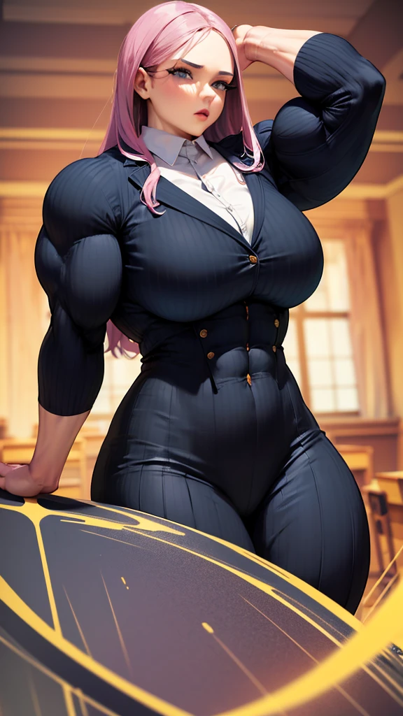 (cartoon of a woman in a classroom with a man in a suit, realistic , a hyperrealistic , hyperrealistic , as a strict school teacher ), large muscles, realistic cartoon, 3 d cartoon, big muscles, giantess art, very realistic, exaggeratedly large physique, powerful and huge, school class, in a classroom, muscular girl