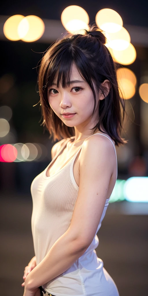 1girl, Tokyo street,night, cityscape,city lights,upper body,close-up,smile,, (8k, RAW photo, best quality, masterpiece:1.2),(realistic, photo-realistic:1.37),