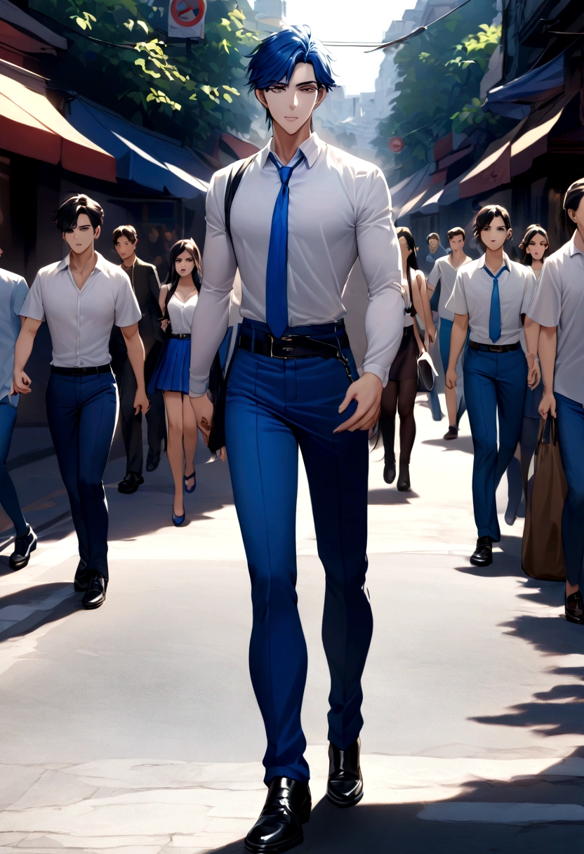 Create an image from a prompt "a thai handsome male student wearing a white long- sleeved shirt, a blue tie, a belt, blue pants, and leather shoes walking behind a thai beautiful female student wearing a white blouse, a blue skirt, and black shoes with a distant background of people walking on a street"