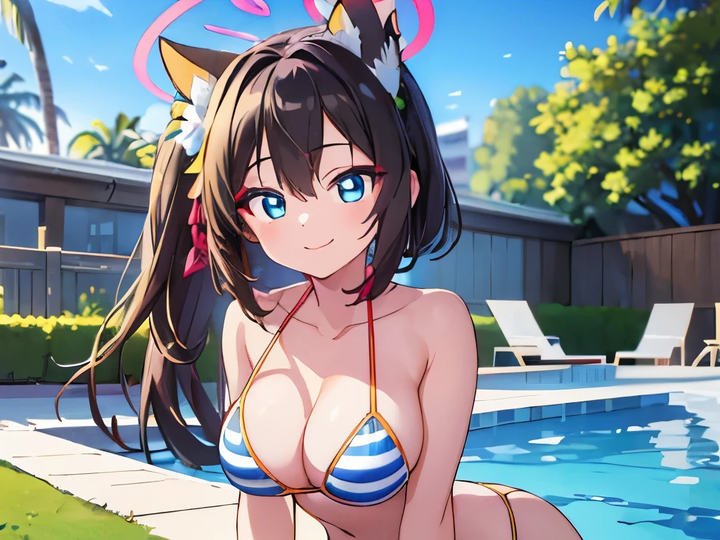 ((masterpiece)), ((best quality)), (ultra-detailed), anime style, pool, a cute girl, 1girl, solo, ((beautiful eyes)), smile, bikini00,