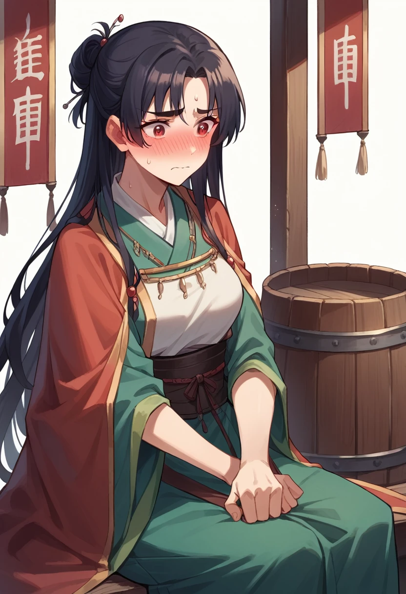 1 girl, adult girl, red red eyes, (beautiful female red eyes),.long haircut, (синие hair) , indignant eyebrows, (Medium breasts),(((blush))), (embarrassed),check_9, check_8_up, check_7_up, check_6_up, Anime, (sprint),(((absolutely white background:1.3))), ((( hugs a barrel:1.2))) , ((Wanderer's clothes)), ((Post-Apocalyptic Clothing)), (((sitting on a metal barrel))) 
