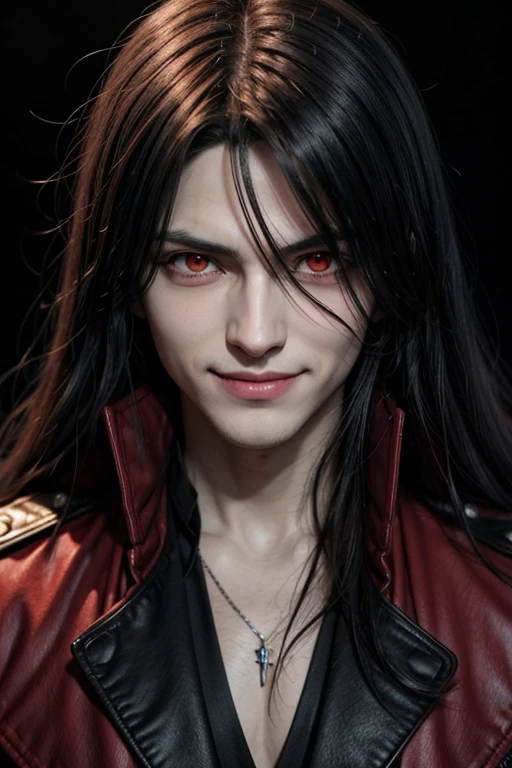 Make Alucard from the anime "Hellsing" real life version being Japanese and smiling with crimson red eye color.