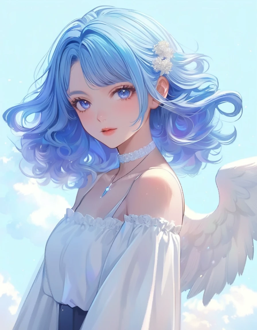 Anime girl with blue hair and angel wings in a white dress, Beautiful anime portraits, Anime Style 4 k, Beautiful angel girl, Beautiful Anime Girls, beautiful Anime Style, Beautiful anime art style, Beautiful blue hair girl, Anime Style. 8K, Anime Styled digital art, Digital art on pixiv, Detailed digital anime art, Digital anime illustration