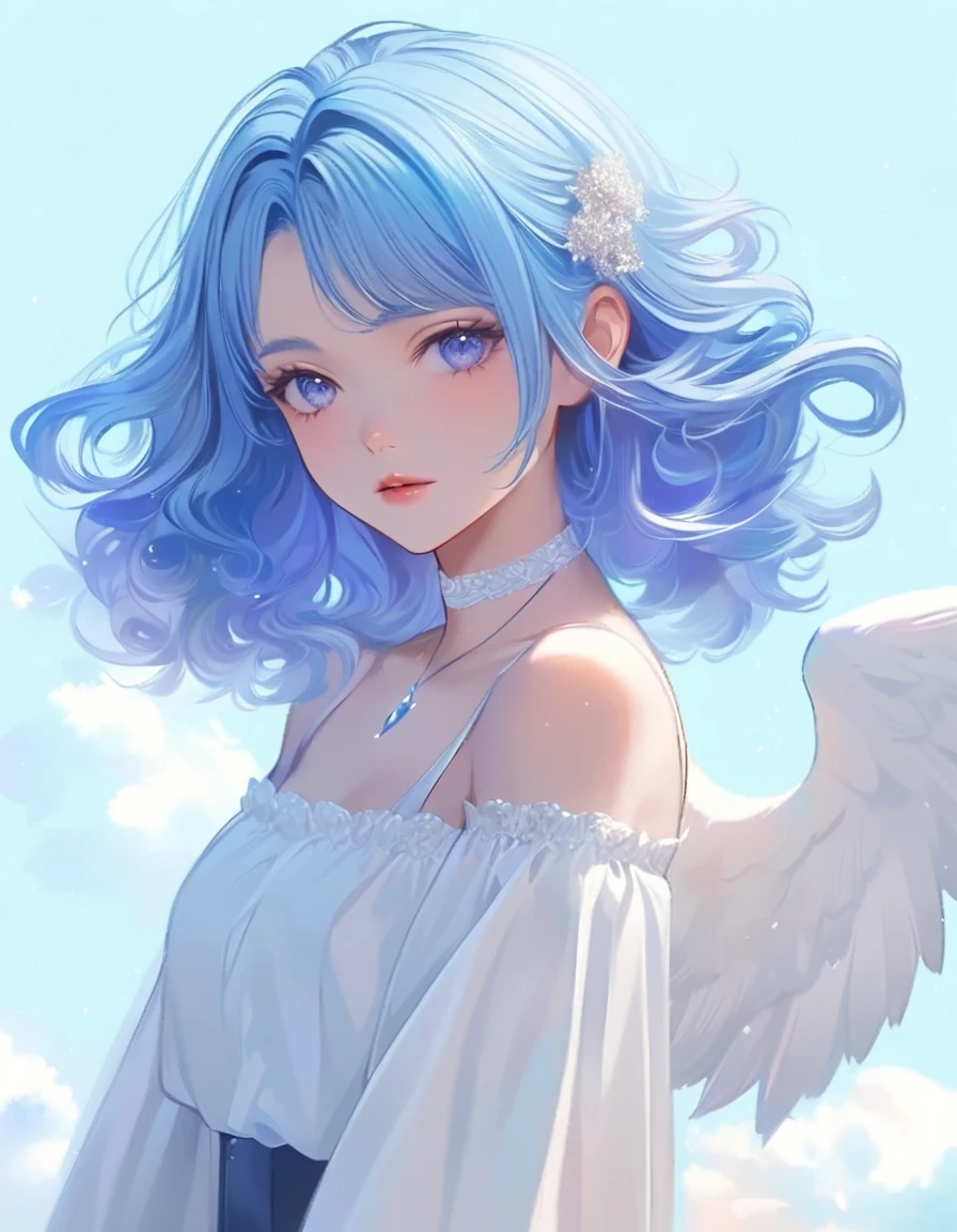Anime girl with blue hair and angel wings in a white dress, Beautiful anime portraits, Anime Style 4 k, Beautiful angel girl, Beautiful Anime Girls, beautiful Anime Style, Beautiful anime art style, Beautiful blue hair girl, Anime Style. 8K, Anime Styled digital art, Digital art on pixiv, Detailed digital anime art, Digital anime illustration