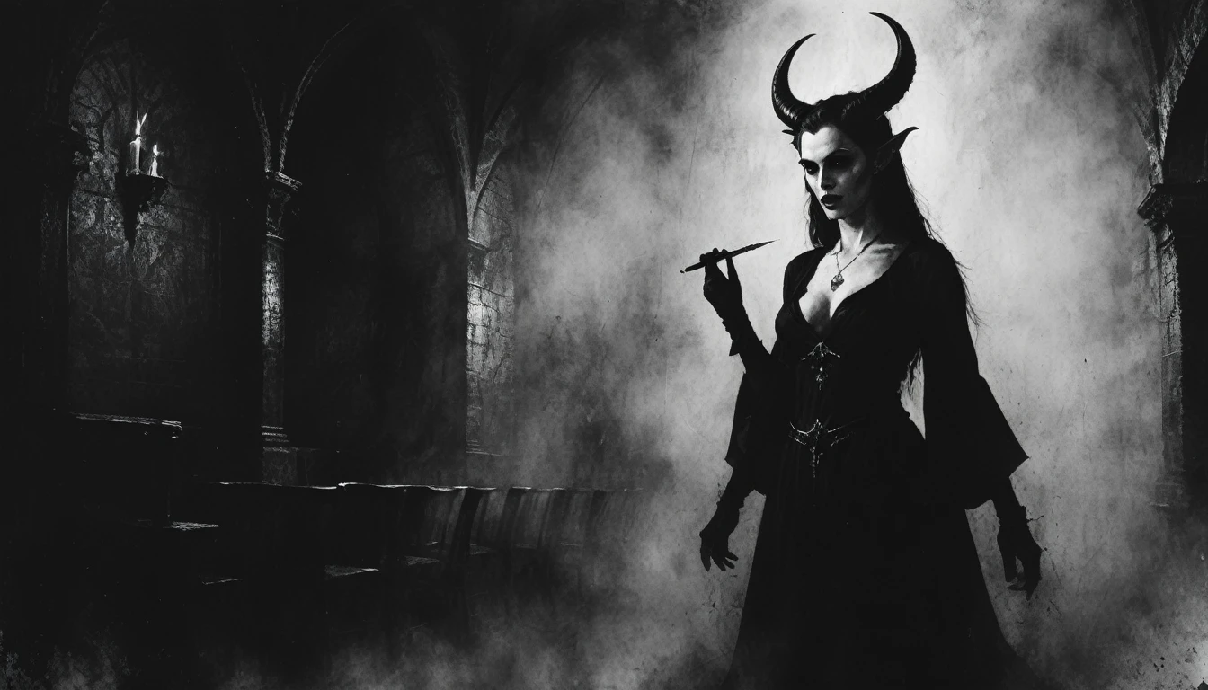 a painting of a holy succubus with horns, ponderation, gloves, vampire the masquerade bloodlines, incredible art, gloomy background, nimbus, church ragged vestments, darksketch