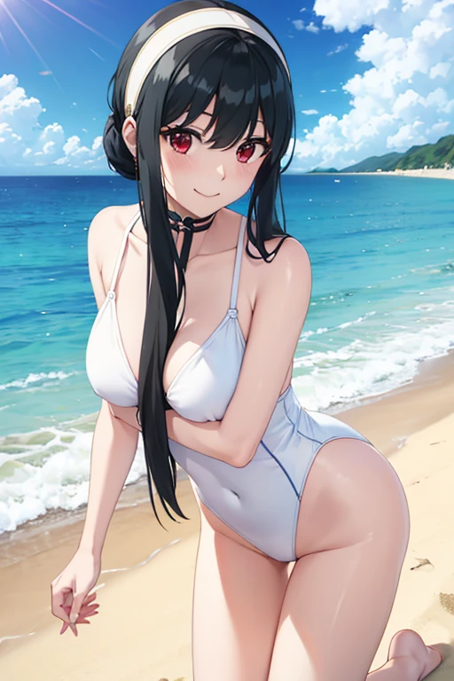 (SFW:1.8、masterpiece, Highest quality),1people々, 一people々in, Absurd、現実inは捉えられないディテールと美しさ、hyper Realistic, Realistic,Realistic, Look at the audience, 美しいbangs:2、魅力的なbangs:2、bangs:2、The underboob is visible:1.6), Mouth closed, Bige、eyelash、 whole :2, Cleavage:2、(((lightsを加える:1.4、Big breasts eye、Long Hvery 美しい and cute、Show me your ears、Beautiful long neck:1.8、smile、Close your mouth and smil.5、bangsと美しい歯)))、Ideal body type、((A background of blue sky with very beautiful clouds:2、Beach))、Beautiful long neck:1.6、Perfect Anatomy、people々々Beautiful pads that make you feel happy:2、自然in快適な照明、Keep an eye on your audience、Look up at the viewer slightly above、Look up a little、Listen carefully、smile、Lean forward to show your breasts、whole body、((Black Hair、Whitband、Red eyes))、Eye highlights、Sweat、Beach、Sandy Beach、((White leotard))、Put your butt on the ground、Gravure pose、Fold your lLean back、Open your crotch and show it to the camera、後ろにLean back、Provocative