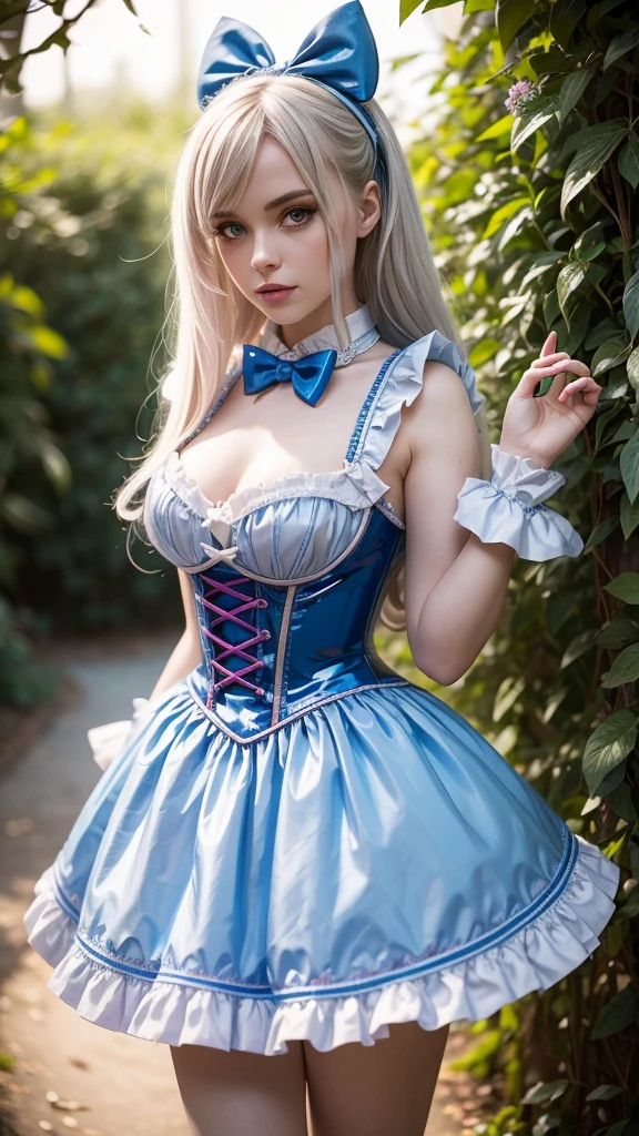 Erotic version of Alice in Wonderland,very high detailed,intricate details,dynamic lights,Blue white lolita alice latex style ,coloured like alice in wonderland,8 k photo image,fantasy,in wonderland,Disneys alice outfit 