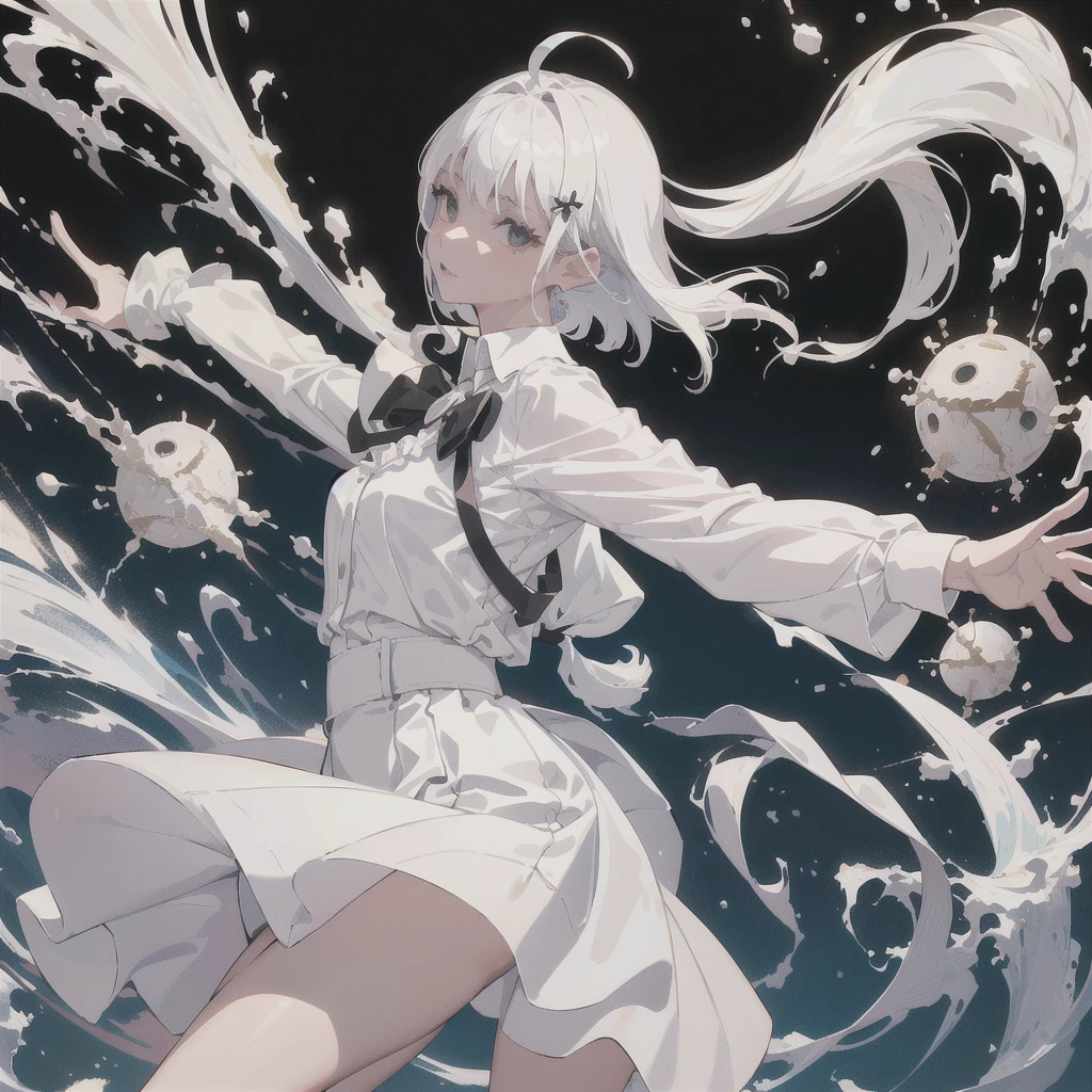 ((masterpiece, best quality)), (1girl), (solo), (female focus), (ahoge, white hair, short hair), black eyes, ((white shirt), (buttoned shirt)), ((black skirt), (short skirt)), standing, white background, arms behind back,