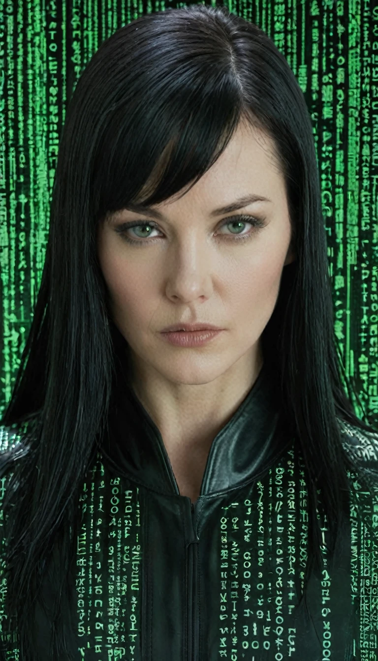 face portrait of "Trinity's quest: Green matrix code flowing in the middle and background.", tritnity is white woman with black hair, wearing a black latex coat, that works secretly with Morpheus and neo. focusing on the face
