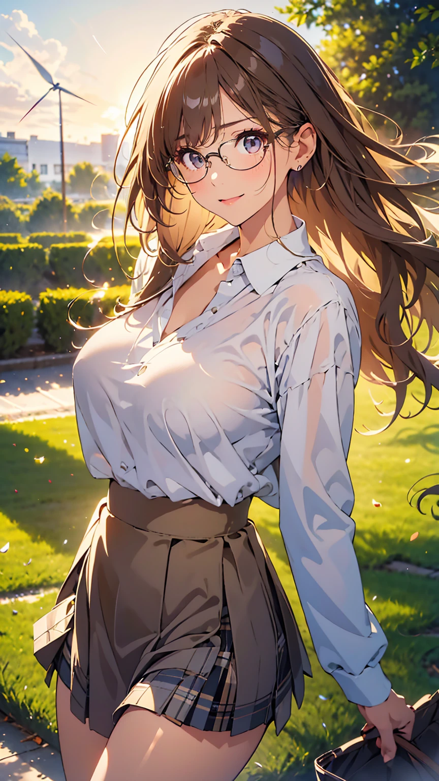 ((table top, highest quality, High resolution, perfect pixel,  4K))), 1 girl, single, alone, beautiful woman、I could see the whole body、 ((middle wavy hair, bangs, brown hair)), ((brown eyes, beautiful eyelashes, realistic eyes)), ((detailed face, blush:1.2)), ((smooth texture:0.75, realistic texture:0.65, realistic:1.1, Anime CG style)), medium breasts, dynamic angle, perfect body, ((Sheer white shirt, transparent nipples, black skirt, plaid skirt)), City staircase、Angle looking up from the bottom of the stairs、Very embarrassing panic smile, looked back、leaning forward、(The wind flipped my skirt and exposed my butt.、Touching the buttocks with both hands、Light pink floral lace panties)、