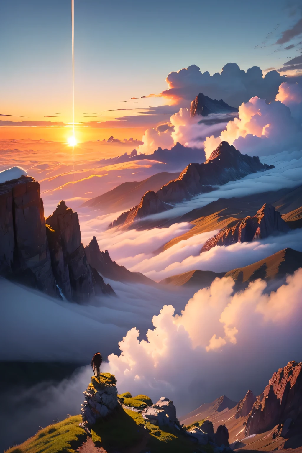 ((best qualityer)), ((work of art)), (detailded), top of a mountain above cloud level, many clouds ,on the horizon the sun rises , clear lighting, detailed shadows