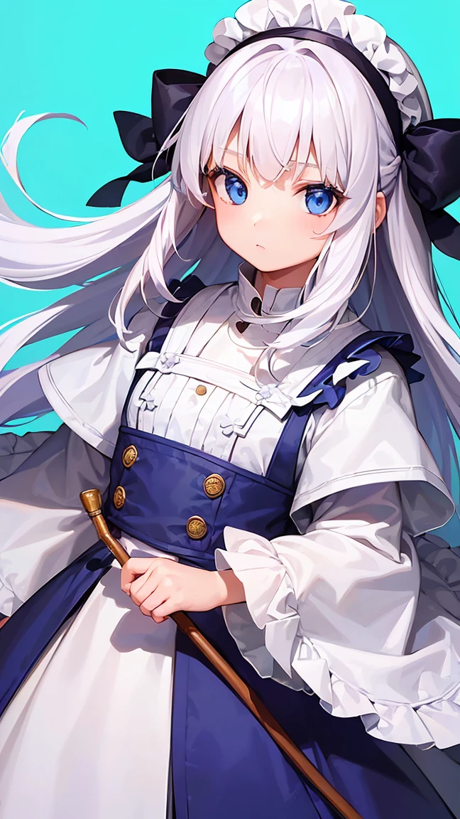 (Girl1,,round face,blue eyes,White hair,long hair),purple Pinafore Dress,ego,green background,highly detailed,hd