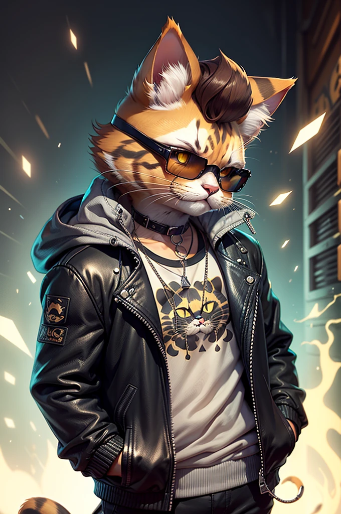 (A cat with a pompadour wearing a black leather jacket) A cartoon of a cat playing an electric guitar, wearing anthropomorphic sunglasses