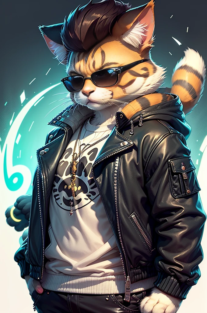 (A cat with a pompadour wearing a black leather jacket) A cartoon of a cat playing an electric guitar, wearing anthropomorphic sunglasses