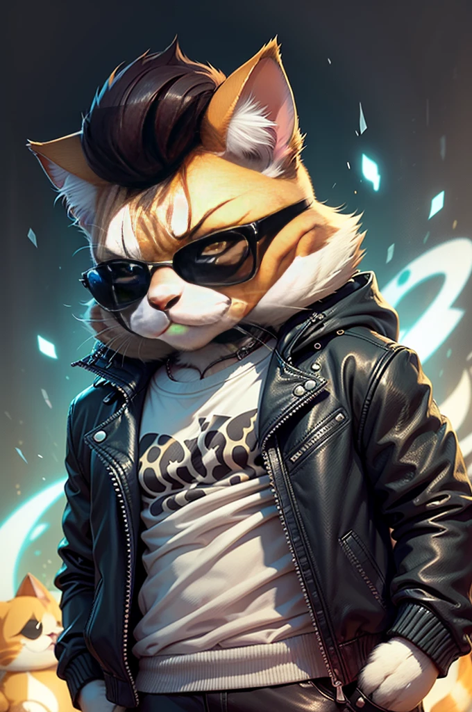 (A cat with a pompadour wearing a black leather jacket) A cartoon of a cat playing an electric guitar, wearing anthropomorphic sunglasses