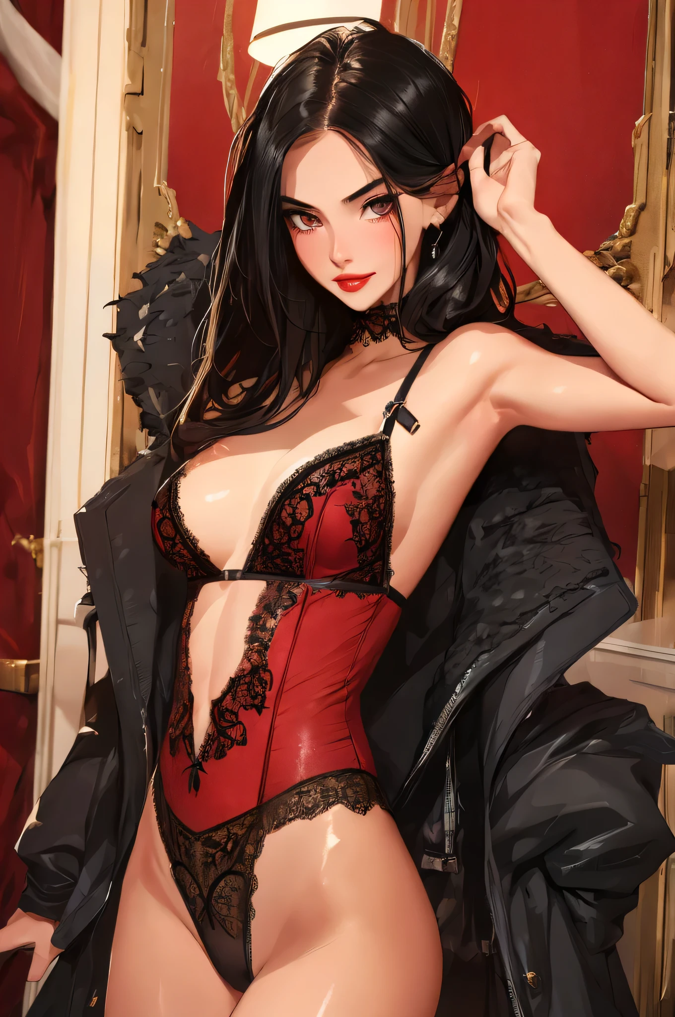 1girl,a beautiful fashion model ,(masterpiece, detailed background, best quality),shortand shiny hair, black hair,smirk,juicy lips,red lips, lingerie, stripping, elegant makeup, exhibitionism, torn lace bodysuit outfit
