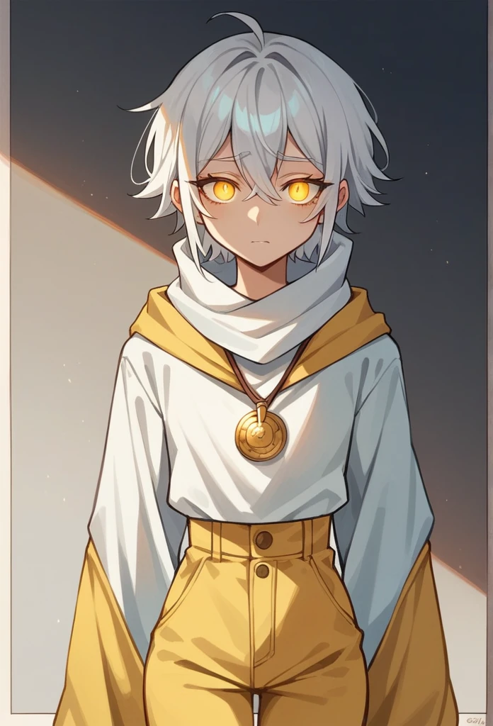 (masterpiece, best quality:1.2),an anxious expression but at the same time fun, wear a pink blouse,A white scarf, and baggy light yellow pants and be feminine, who has long white hair down to her knees, and have a necklace with this pendant 楽, Glowing gold Eyes