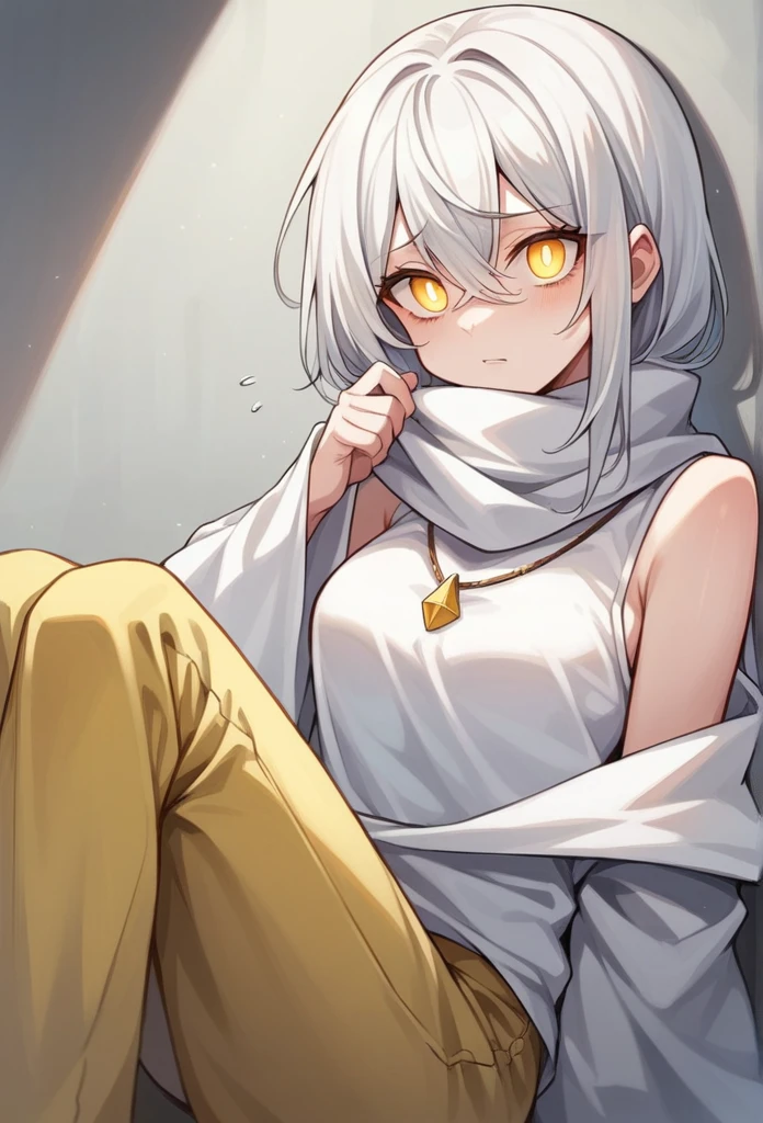 (masterpiece, best quality:1.2),an anxious expression but at the same time fun, wear a pink blouse,A white scarf, and baggy light yellow pants and be feminine, who has long white hair down to her knees, and have a necklace with this pendant 楽, Glowing gold Eyes