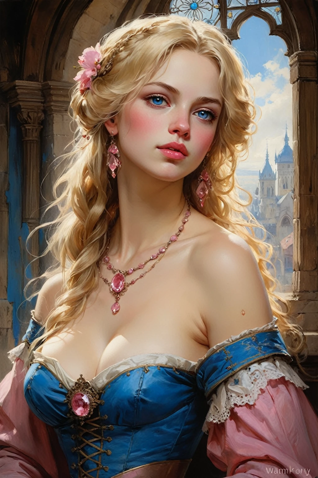 Victorian Ukrainian Women of the 18th century, very detailed Blonde hair, Pink lips, very detailed skin, Nice feature, Wadim Kashin, james gurney, ink, Splash Art, Amazing beauty , Royo, after sexing, Super detailed splash art modern European oil ink painting, Mid Gorgeous Breasts, Gorgeous Body, oil painting, very detailed Bright Diamond Blue eyes, Blush, Greg Rutowski, (no NSFW image).