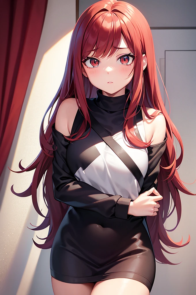 Create an anime-like image in the My hero academia style, a pretty age girl with medium long natural cherry red hair, straight and with curtains bangs,
Light brown eyes with eyelashes, half white skin, and with the uniform of the anime Boku no hero academia