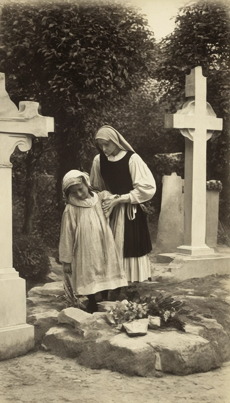 A scene of mourning in the village, des tombes fraîches marquées de croix, Eléonore kneeling in front of the tombs, crying desperately.