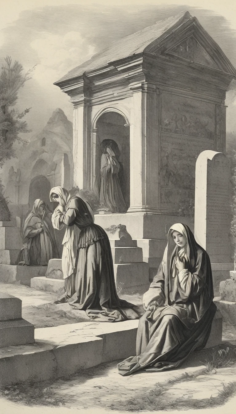 A scene of mourning in the village, des tombes fraîches marquées de croix, Eléonore kneeling in front of the tombs, crying desperately.