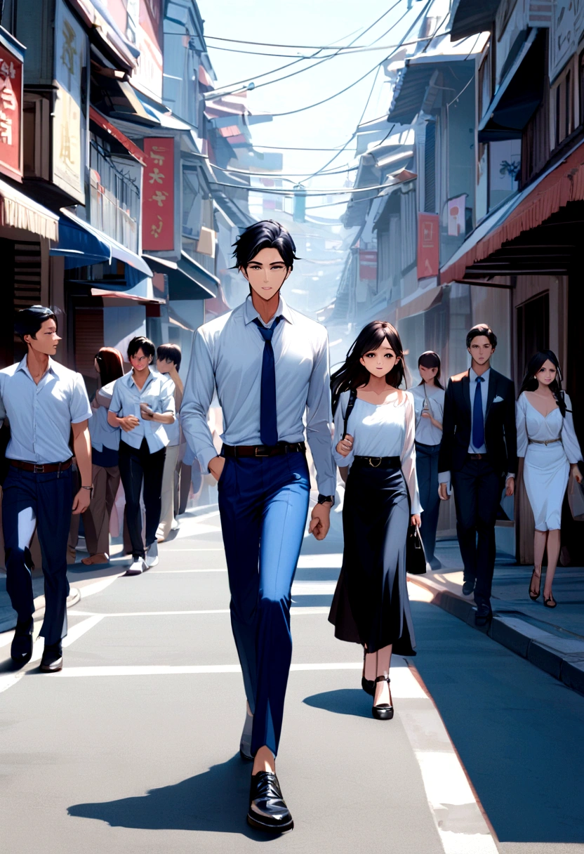 Create an image from a prompt "a thai handsome male student wearing a white long- sleeved shirt, a blue tie, a belt, blue pants, and leather shoes walking behind a thai beautiful female student wearing a white blouse, a blue skirt, and black shoes with a distant background of people walking on a street"
