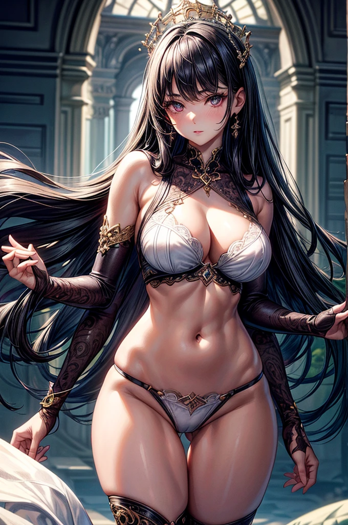 ((highest quality)),(ultra high resolution),(Super detailed),(detailed description),((best CG)),(best work of art),super precision art, great drawing art,(Art with precise details:1.5), (ung girl:1.5), beautiful and well-shaped face:1.5,(Beautiful skin with precise and detailed depiction:1.6),(crisscross sports bra, white thigh-high stockings ),gorgeous, masterpiece, best quality, high-resolution, finely detailed, extremely detailed and beautiful, distinct-image, 1 girl, 16 year old teen, solo, sharp facial features, oval shaped face. cherry pink lips, lightly tanned white skin. velvet-colored eyes, C-cup breasts, tall height(175cm), slim yet chiseled body type, short shoulder length dark violet-black hair, small narrow waist, long and slender legs, curvy wide hips, elegant gothic courtyard setting
