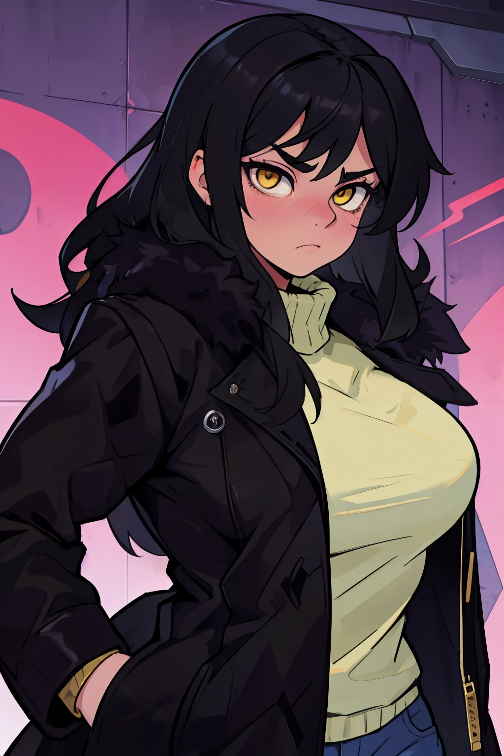 sad girl muscular girl large breasts yellow eyes black hair fur coat fur coat fur coat fur coat fur coat fur coat fur coat sad frown blush