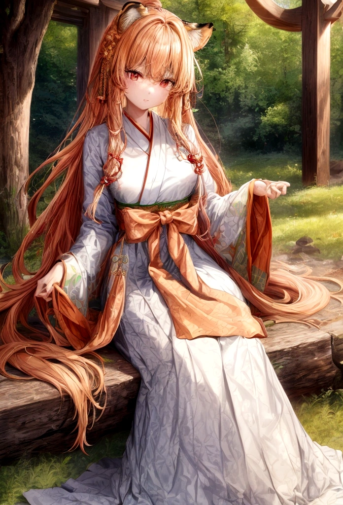 ((최고의 품질)), ((걸작)), (상세한), 여자 1명, Orange color hair , black highlights hair , Long and wavy flowing freely hair ,tiger ears on top of the head , red eyes , Calm and gentle eyes , Fair complexion skin , Traditional Korean hanbok , Cream-colored with intricate patterns and details hanbok , Full skirt typical of a hanbok , Complementary colors and patterns to the top, flowing gracefully hanbok , Forest , Daytime with clear skies , The character is standing gracefully in the forest, blending the traditional elegance of the hanbok with the serene natural surroundings
