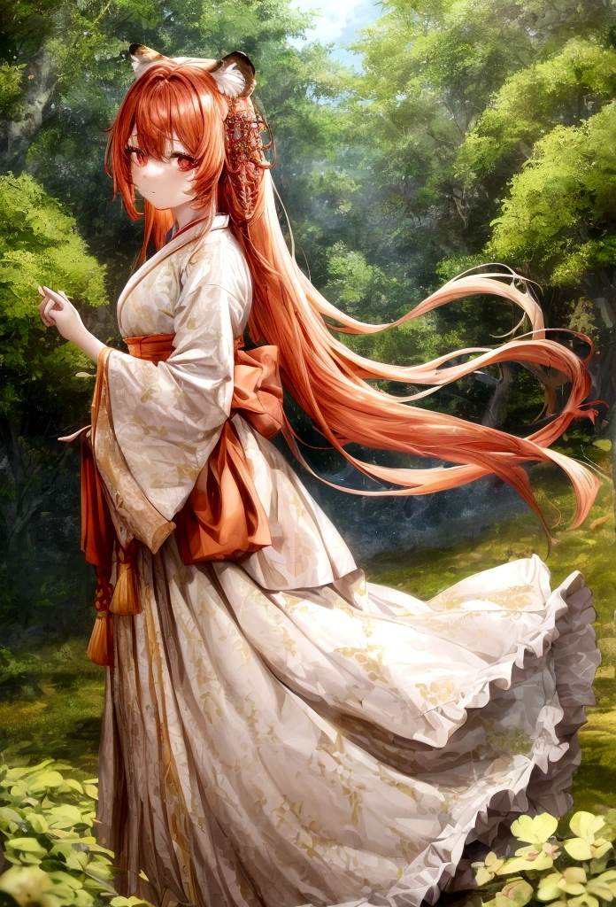 ((최고의 품질)), ((걸작)), (상세한), 여자 1명, Orange color hair , black highlights hair , Long and wavy flowing freely hair ,tiger ears on top of the head , red eyes , Calm and gentle eyes , Fair complexion skin , Traditional Korean hanbok , Cream-colored with intricate patterns and details hanbok , Full skirt typical of a hanbok , Complementary colors and patterns to the top, flowing gracefully hanbok , Forest , Daytime with clear skies , The character is standing gracefully in the forest, blending the traditional elegance of the hanbok with the serene natural surroundings