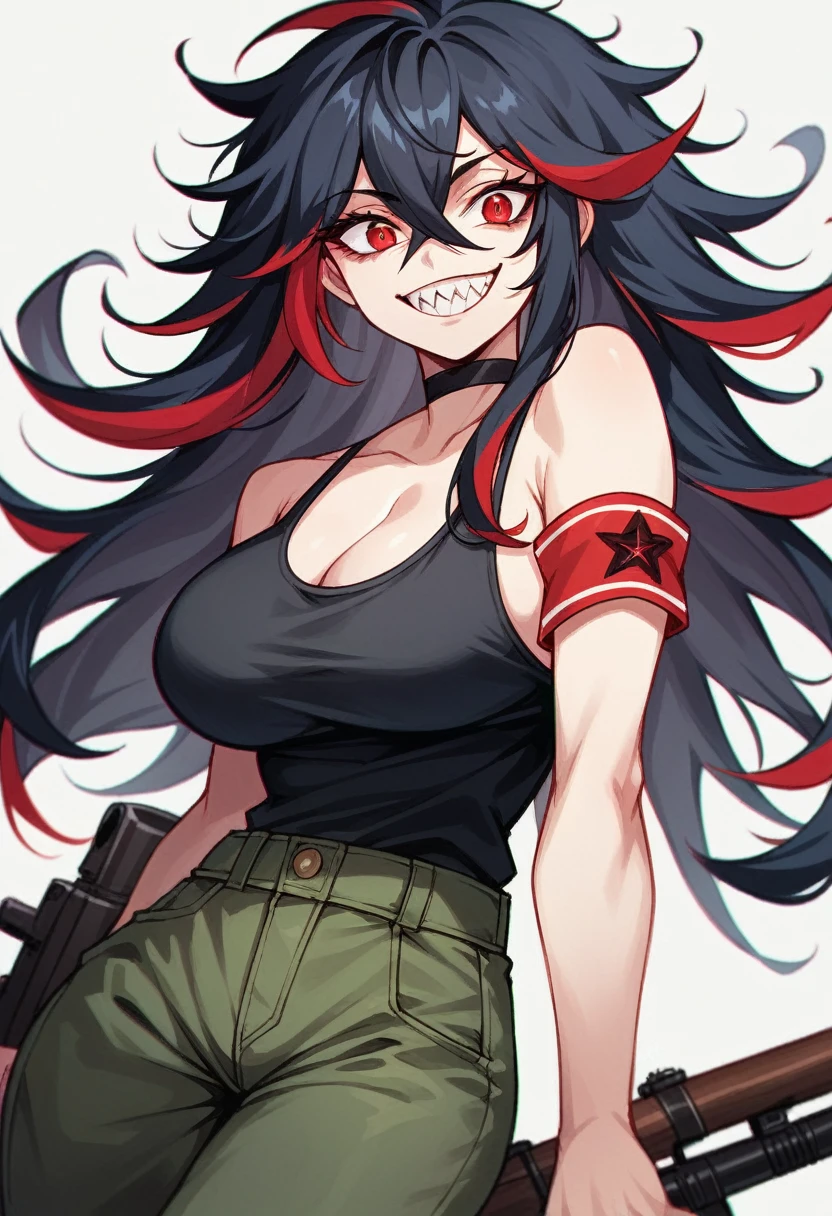 NSFW,Highest quality, Intricate details, chromatic aberration, One girl, Long Hair, Black Hair, Messy Hair, Red highlights, Hair on one eye, Red eyes, Sharp eyes, choker,Teeth bare,Black tank top,Army Pants,Big Breasts, Armband, Full Art,Character portrait,Wicked Smile,Shoulder the rifle