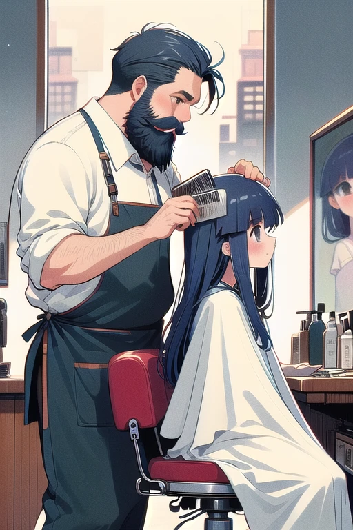 (((masterpiece))), (((Highest quality))), (((From the side))), (((Half Body))), (((close))), ((Retro Barber Shop)), ((Two people)), ((A fat man with a beard wearing an apron、Has a mini comb for combing hair。)), ((A girl in a white cloth is sitting on a swivel chair)), window, mirror, Portrait poster, Faded red brick wall, Blue Hair, Long Hair, shy, blush, smile, big ,  shape, ((night)), (((Twilight))),