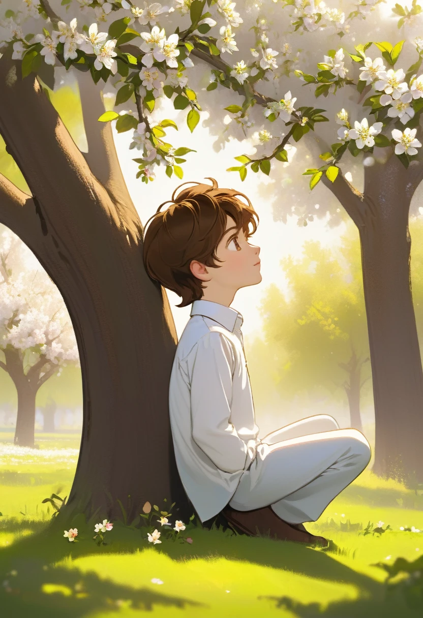 Russian Boy 5 years old with brown hair in a white long-sleeve shirt leans his back against the trunk of a blooming apple tree and looks up
