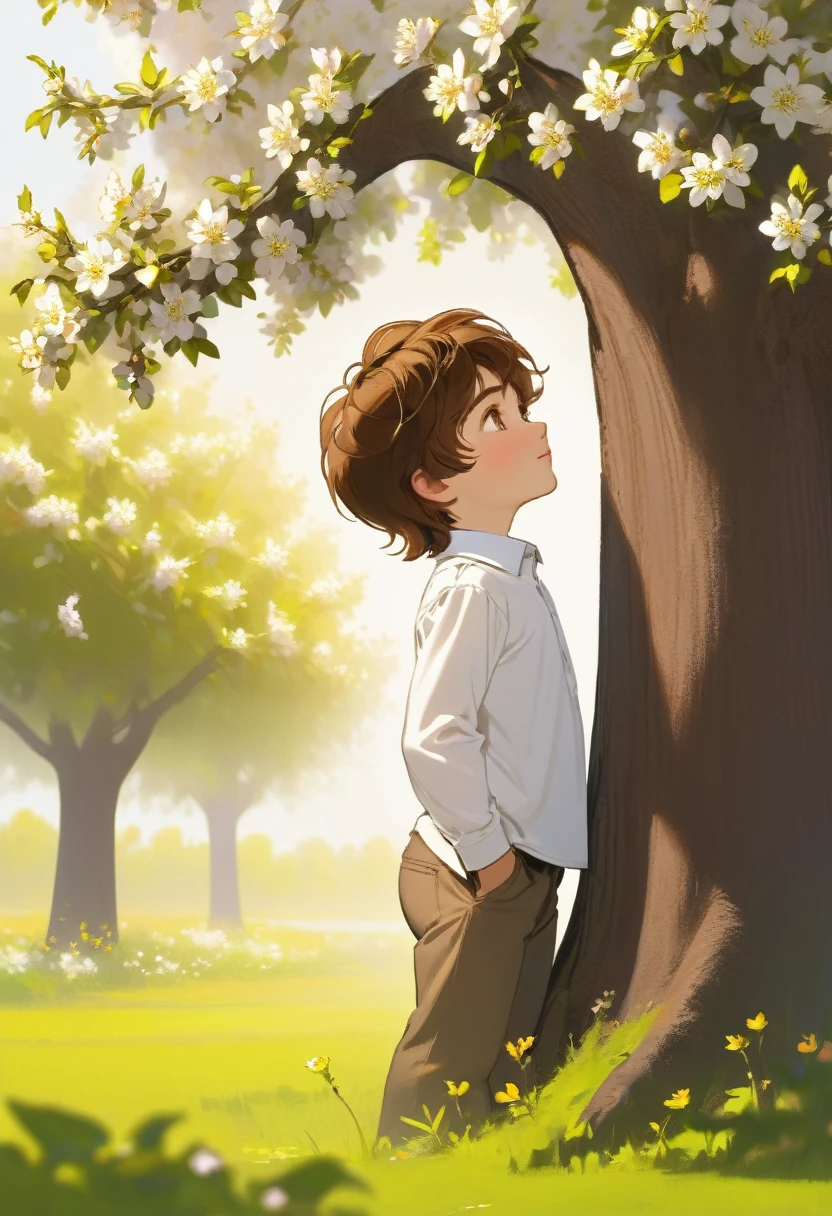 Russian Boy 5 years old with brown hair in a white long-sleeve shirt leans his back against the trunk of a blooming apple tree and looks up 