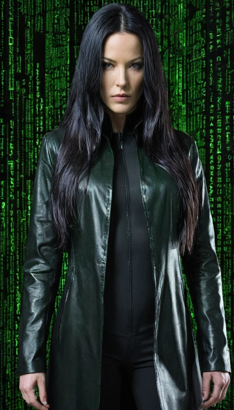 face portrait of "Trinity's quest: Green matrix code flowing in the middle and background.", tritnity is white woman with long black hair, wearing a black latex coat, that works secretly with Morpheus and neo. focusing on the face, magical and mysterious theme