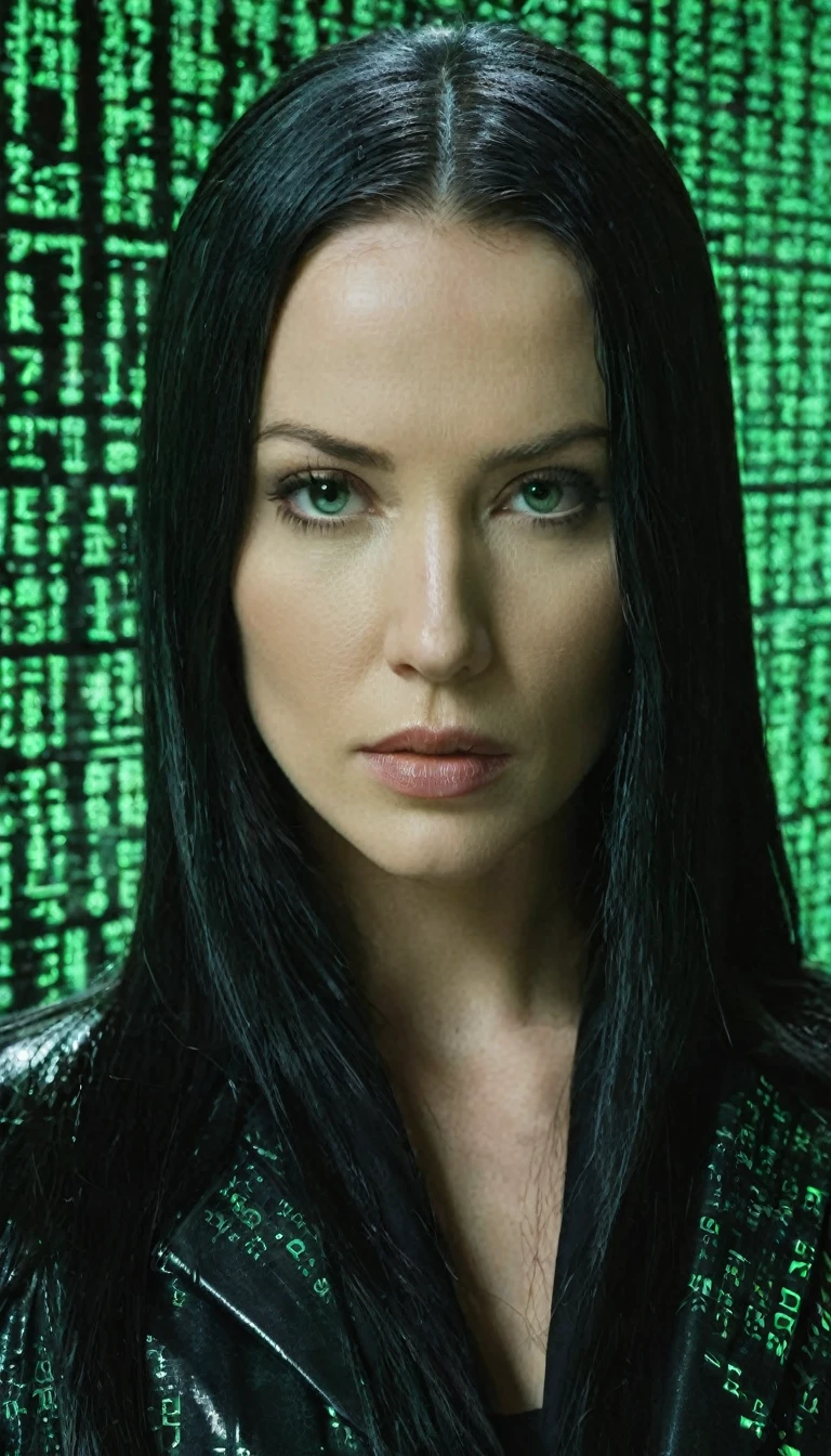 face portrait of "Trinity's quest: Green matrix code flowing in the middle and background.", tritnity is white woman with long black hair, wearing a black latex coat, that works secretly with Morpheus and neo. focusing on the face, magical and mysterious theme