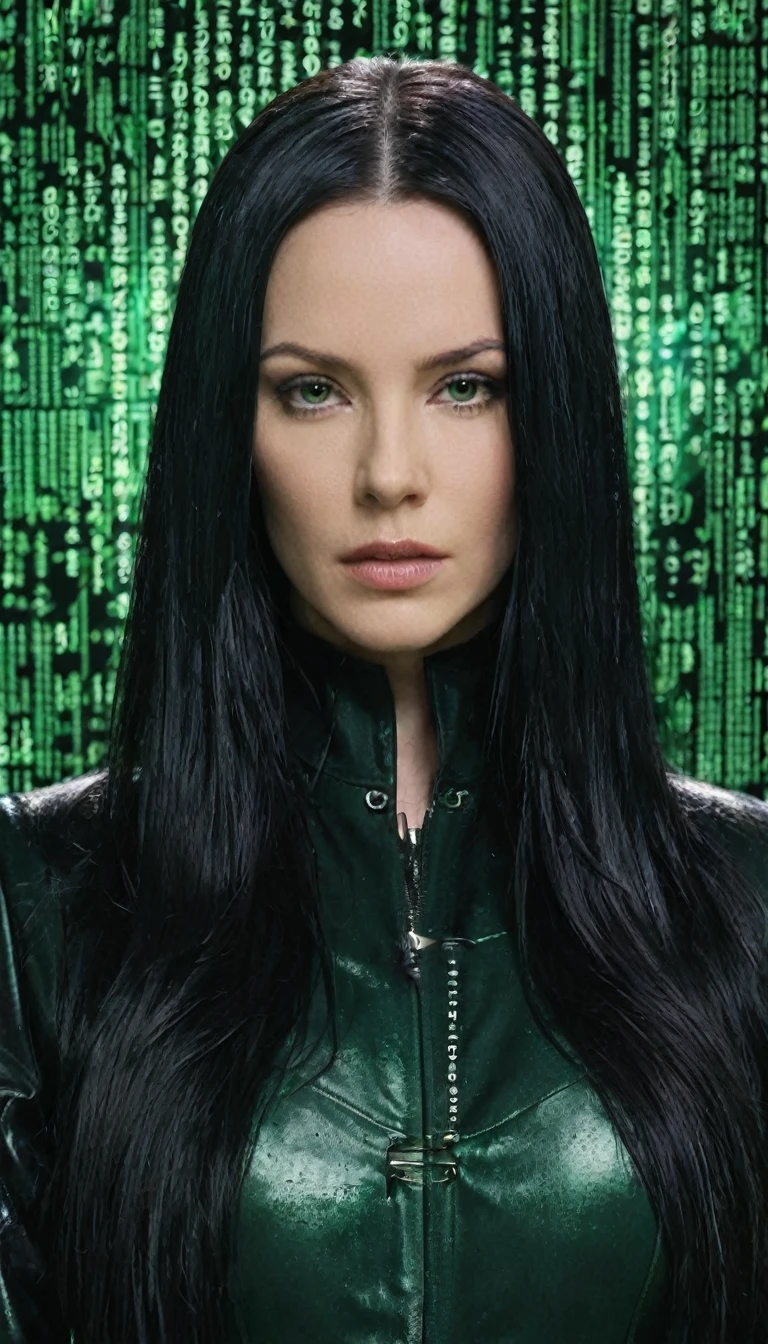 face portrait of "Trinity's quest: Green matrix code flowing in the middle and background.", tritnity is white woman with long black hair, wearing a black latex coat, that works secretly with Morpheus and neo. focusing on the face, magical and mysterious theme