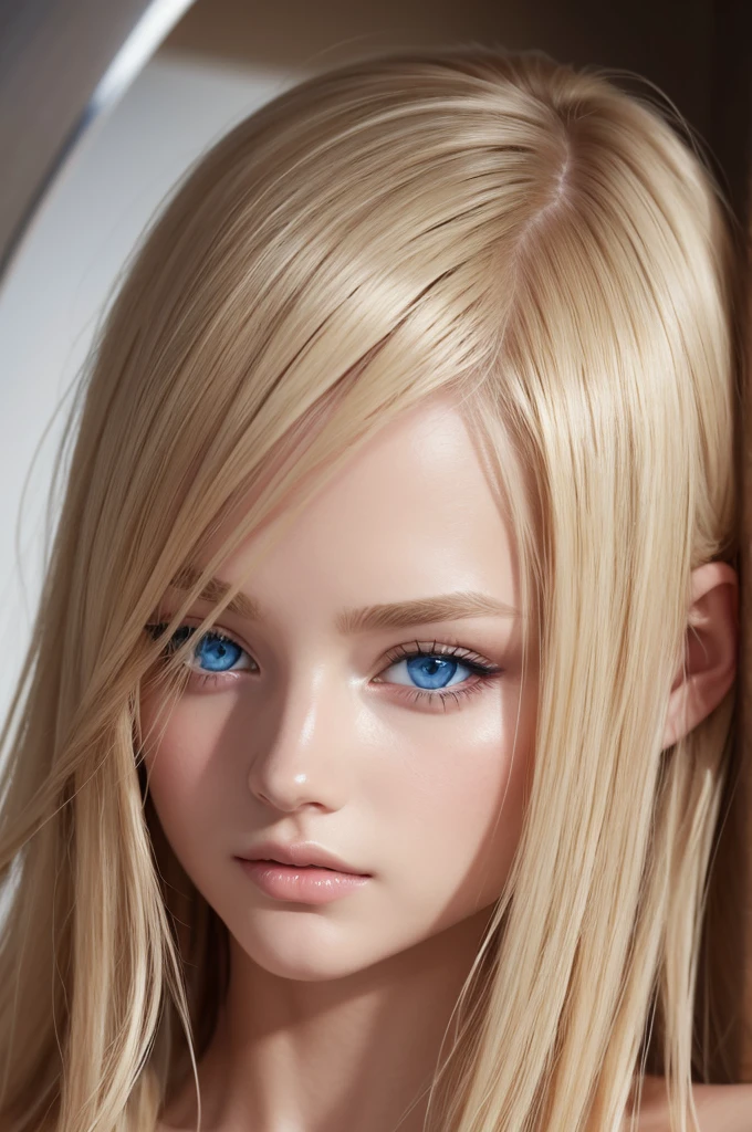 hyperrealistic 14 year old american teen, blonde, perfect tiny body, sexy, dark makeup, perfect slim face, big red lips, very cute face, tiny body, big eyes, young looking, childish looking, naked