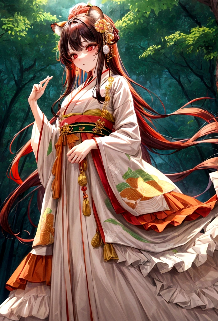 ((최고의 품)), ((걸작)), (상세한), 여자 1명, Orange color hair , black highlights hair , Long and wavy flowing freely hair ,tiger ears on top of the head , red eyes , Calm and gentle eyes , Fair complexion skin , Traditional Korean hanbok , Cream-colored with intricate patterns and details hanbok , Full skirt typical of a hanbok , Complementary colors and patterns to the top, flowing gracefully hanbok , Forest , Daytime with clear skies , The character is standing gracefully in the forest, blending the traditional elegance of the hanbok with the serene natural surroundings