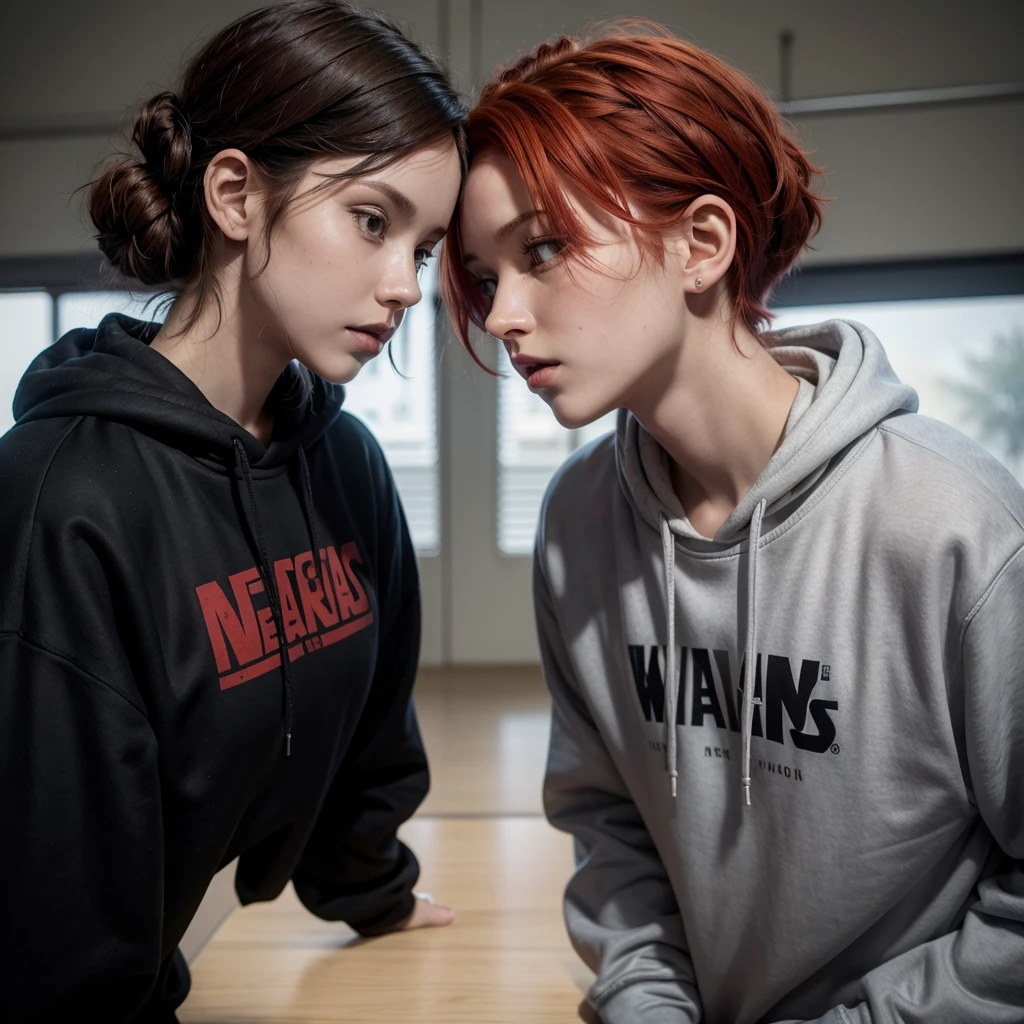 Short, white woman with Red hair tied up, medium hair, wearing a black Star Wars sweatshirt, next to a tall, dark-skinned young man, short wavy hair, wearing school clothes, both looking at each other embarrassedly