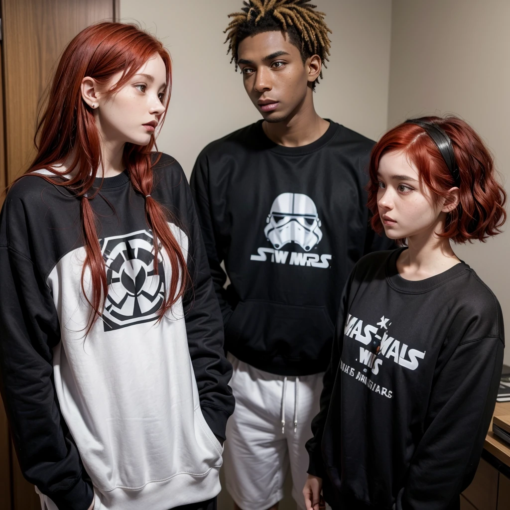 Short, white woman with Red hair tied up, medium hair, wearing a black Star Wars sweatshirt, next to a tall, dark-skinned young man, short wavy hair, wearing school clothes, both looking at each other embarrassedly