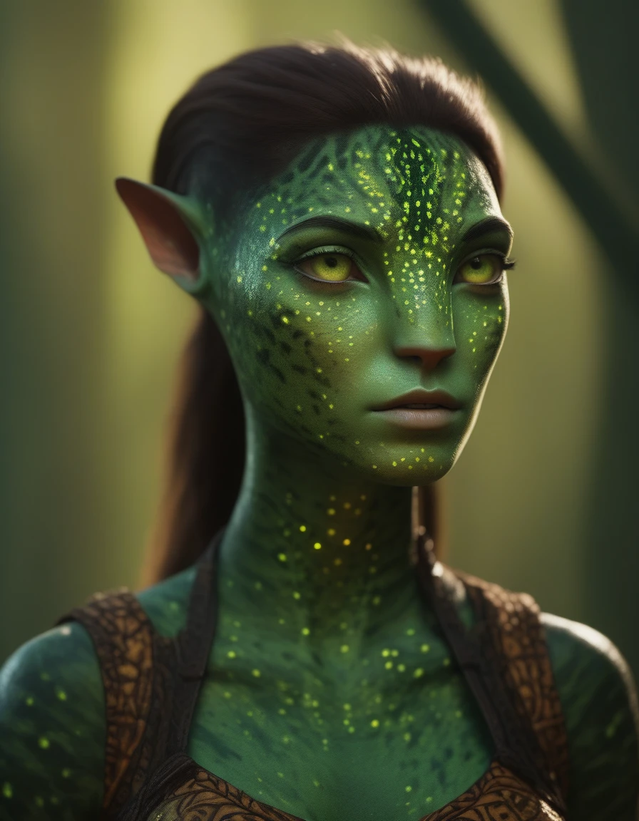 (face portrait), na'vi, 1girl, female, (green eyes), ((big detailed alien eyes)), ((eyebrowless)), ((pointy ears)), (green skin tone), (straight hair), brown hair color, ((short hair)), (young adult), 18 years old, face wrinkles, ((wearing colorful tribal clothing)), (wearing tribal acessories), detailed eyes, ((leopard spots all over skin)), toned body, muscled body, vibrant colors, glowing, ethereal atmosphere, surrealistic dreamy lighting, textured skin, otherworldly beauty, mesmerizing photography, (best quality, highres), vivid colors, ultrarealistic, skin details, sfw, face close-up,ultradetailed body, (forest green skin), dark background